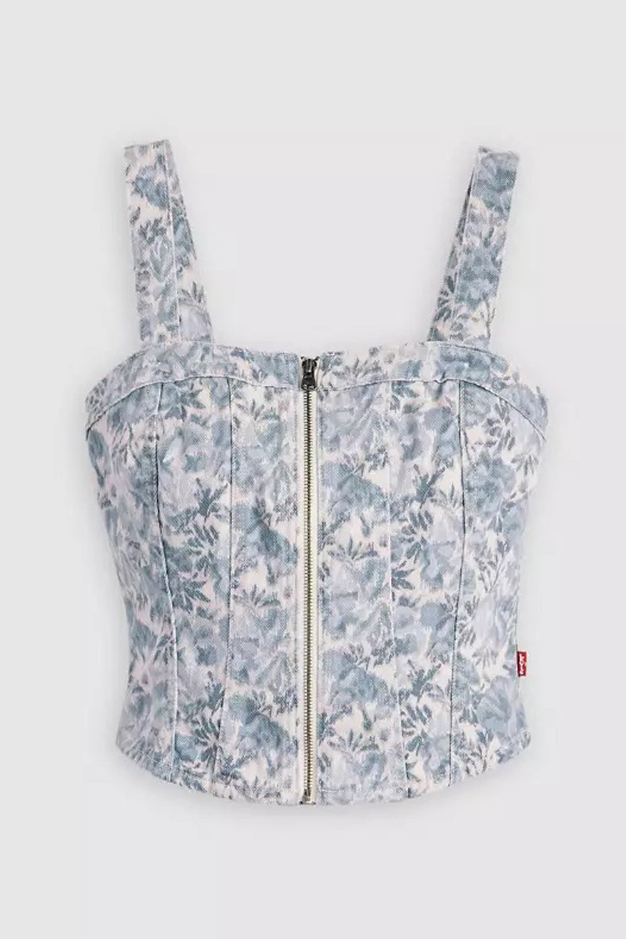 Blouse en denim bleu clair sans manches de Levi's avec imprimé fleuri et fermeture éclair à l'avant.