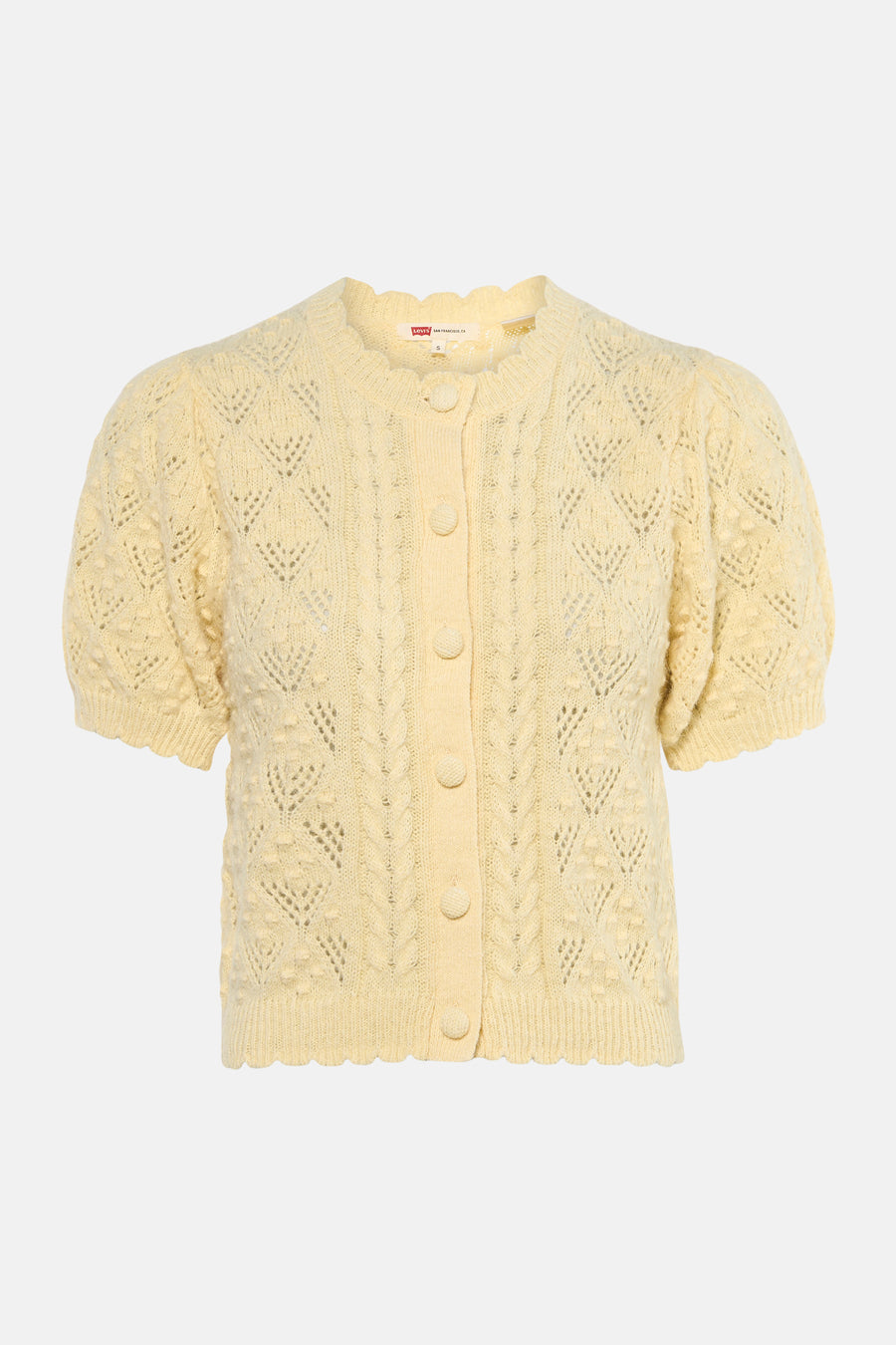 Geel vest van Levi's®, met korte mouwen, gebreid met kabelpatroon en knoopsluiting.
