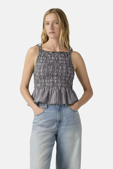 Zwarte mouwloze blouse van Levi's®, met een ruitpatroon en smockwerk.