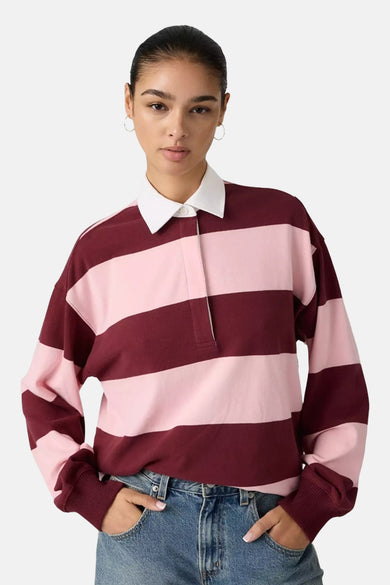 Multikleurige sweater van Levi's®, met roze en bordeaux gestreepte patroon en een witte kraag.