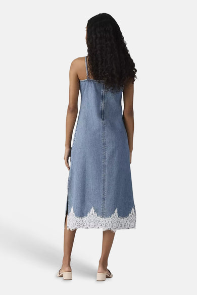 Blauw denimkleedje zonder mouwen van Levi's® met wit kant aan de zoom, achterzijde weergegeven