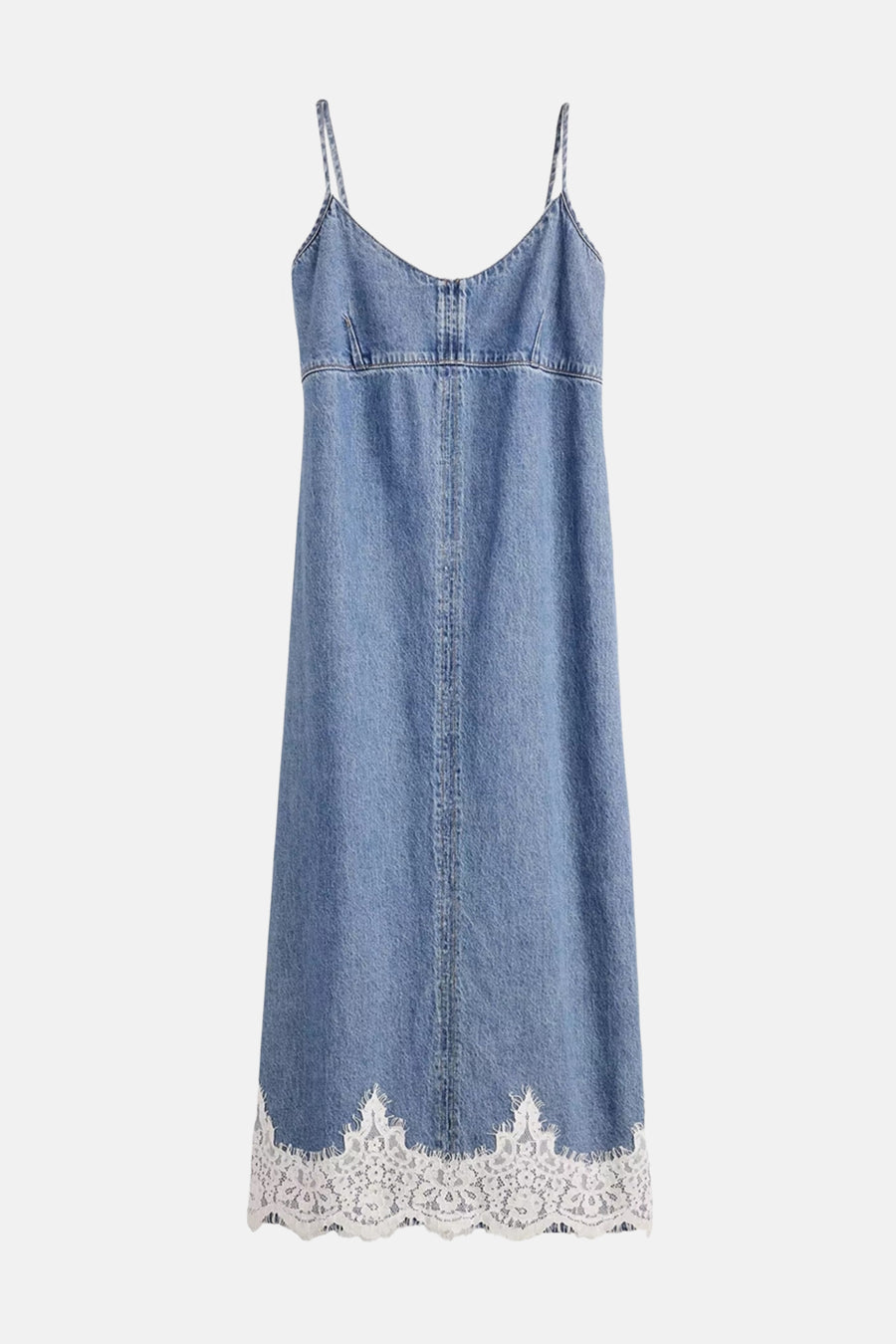 Lichtblauw denimkleedje zonder mouwen van Levi's® met wit kant aan de zoom, spaghetti bands en voorzijde rits, front view