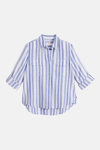 Chemise bleue à rayures à manches longues de Levi's, avec poches poitrine et manches retroussées.