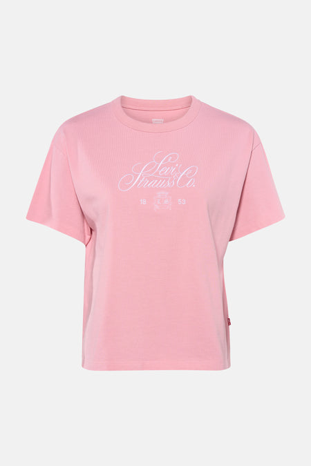 Roze T-shirt met korte mouwen van Levi's, met een Levi Strauss & Co.-logo in sierlijk wit lettertype.