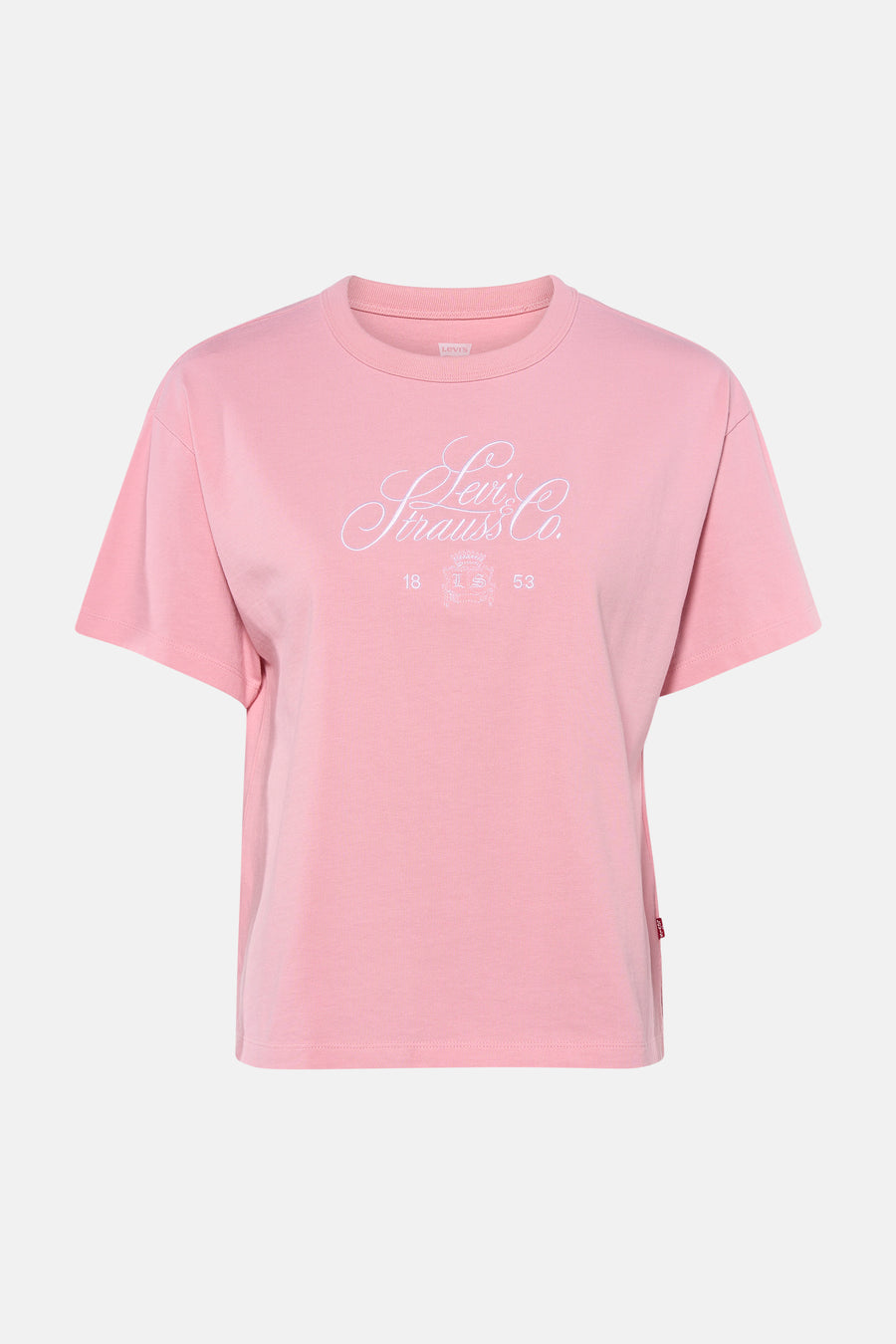 Roze T-shirt met korte mouwen van Levi's, met een Levi Strauss & Co.-logo in sierlijk wit lettertype.