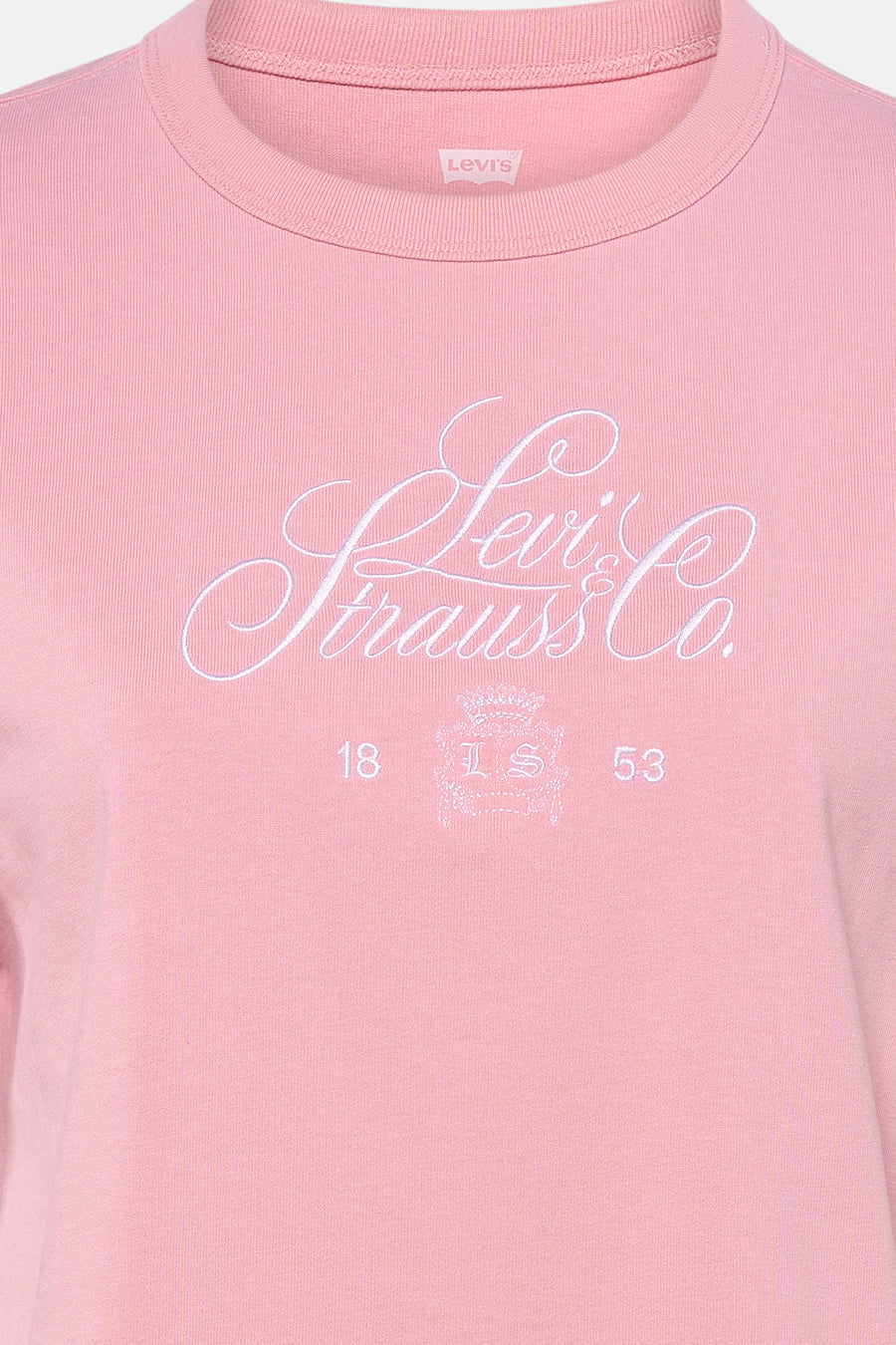 Roze T-shirt met korte mouwen van Levi's, met witte Levi Strauss & Co. logo en oprichtingsjaar.