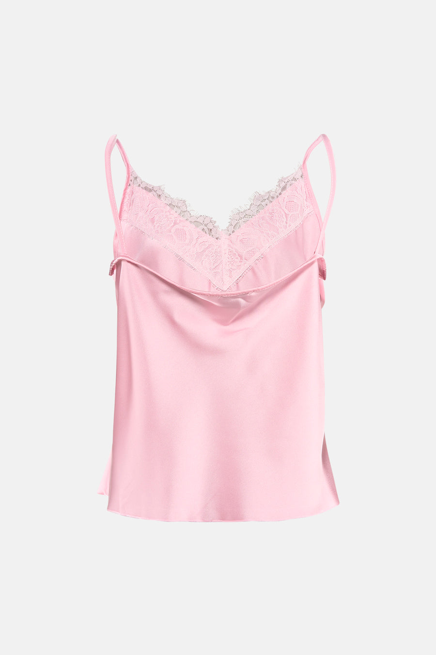 Débardeur en satin rose de Terra di Siena avec col en V en dentelle et fines bretelles.