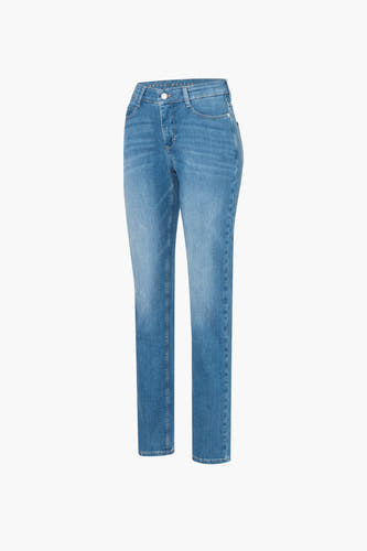 Lichtblauwe straight jeans van MAC, met een klassieke five-pocket styling en subtiele wassing.
