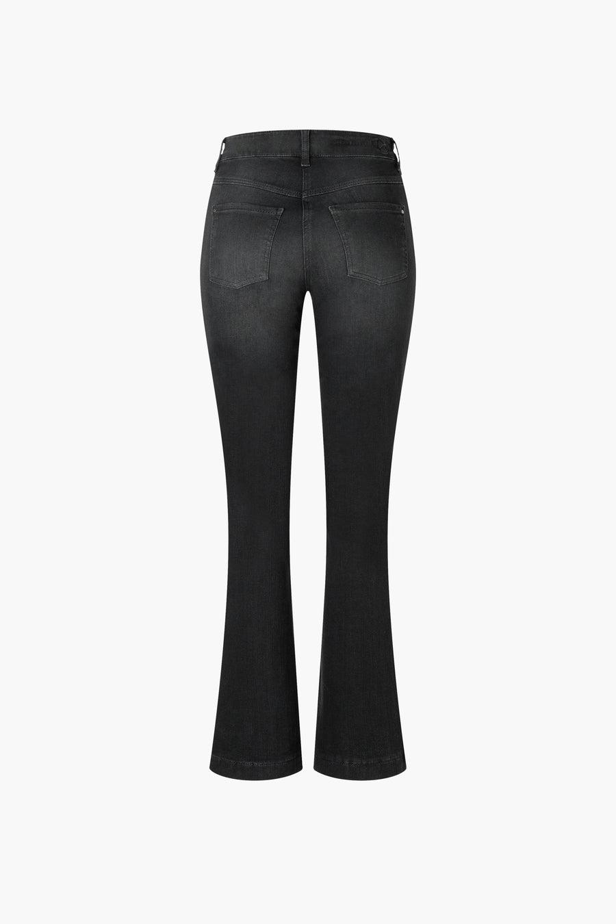 Donkergrijze bootcut jeans van MAC met achterzakken en subtiele slijtageplekken.