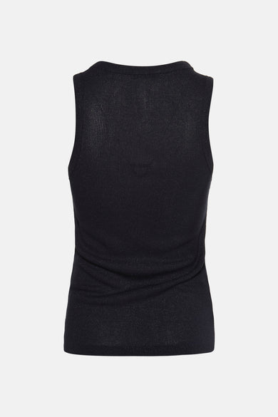 Donkerblauwe singlet van OPUS, met een subtiele glans en een ribgebreide textuur, in achteraanzicht.
