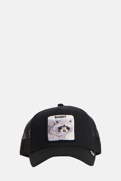 Chapeau noir de GOORIN avec un dos en mesh et une patch d'un ours polaire avec 'BANDIT' dessus.