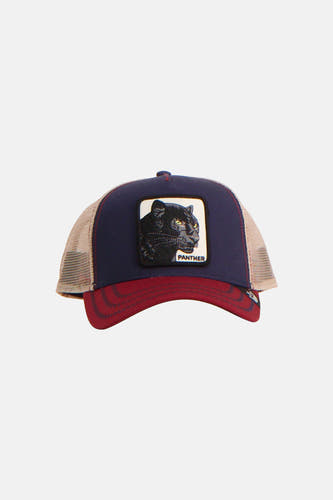 Blauwe pet van GOORIN met mesh details en een patch met een panter afbeelding.

