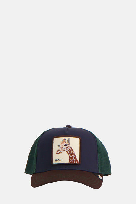 Meerkleurige pet van GOORIN, met donkerblauwe voorkant, groene achterkant en een patch met een giraffe.
