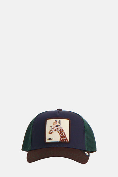 Meerkleurige pet van GOORIN, met donkerblauwe voorkant, groene achterkant en een patch met een giraffe.
