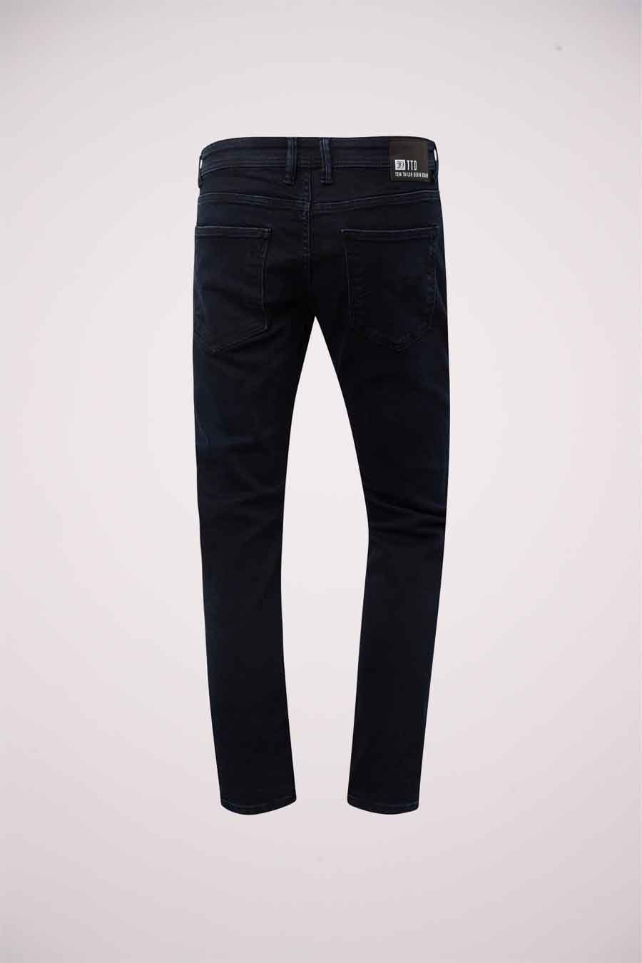 Blauwe zwarte slim fit jeans van TOM TAILOR, achterkant met merklabel, effen.