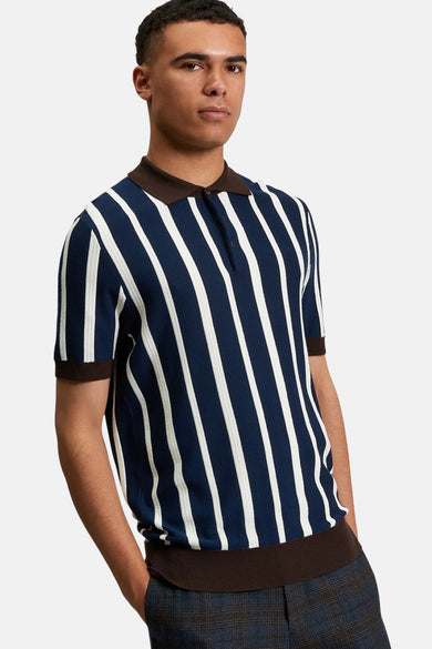 Blauw poloshirt met korte mouwen van BEN SHERMAN, met verticale strepen en bruine kraag.