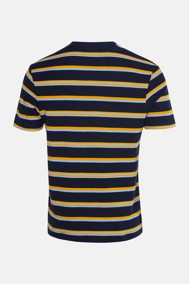Multicolor T-shirt met korte mouwen van BEN SHERMAN, met een gestreept patroon in blauw, wit en goud.