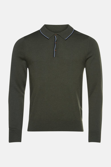 Groene trui met ronde hals van BEN SHERMAN, met een polokraag en knopen.