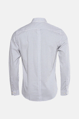 Wit overhemd met lange mouwen van BEN SHERMAN, met een fijn blauw geometrisch patroon, rug aanzicht.
