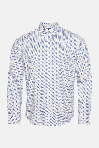 Chemise blanche à manches longues de BEN SHERMAN, avec un motif bleu.