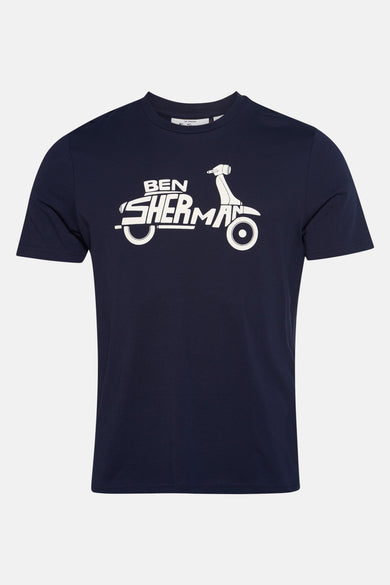 Blauw T-shirt met korte mouwen van BEN SHERMAN, met scooter logo op de voorkant.