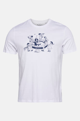 Wit T-shirt met korte mouwen van Ben Sherman, met een blauwe print van figuren rond een platenspeler.
