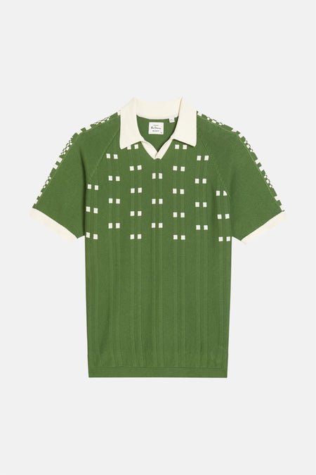 Polo verte BEN SHERMAN de couleur verte à manches courtes, avec une texture côtelée et un motif à carreaux blancs.