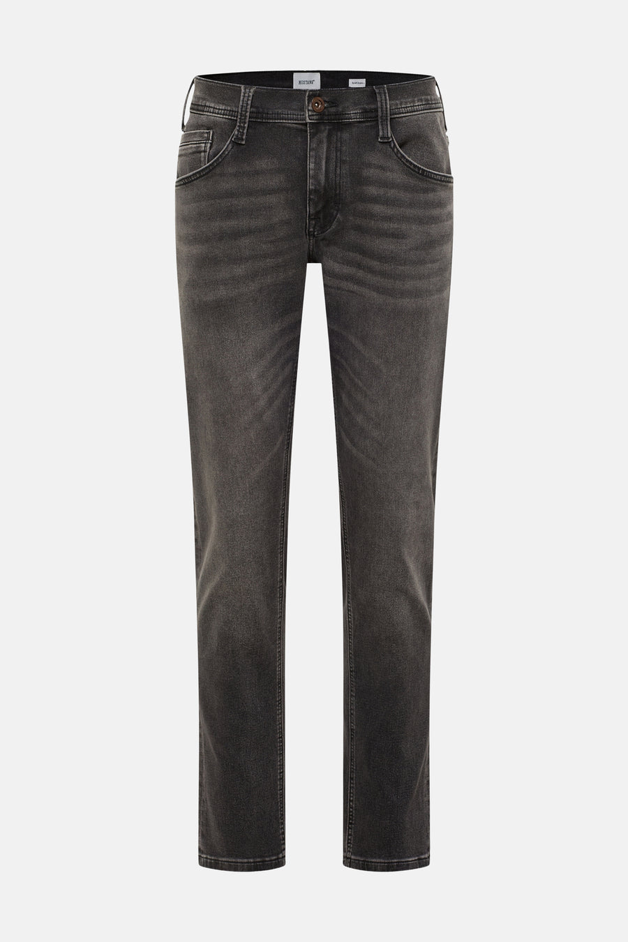 Jean slim gris foncé de Mustang, en denim lavé avec des détails subtils décolorés, vue de face