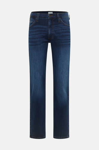 Donkere blauwe rechte jeans van Mustang, met subtiele wasdetails en klassieke vorm, front view