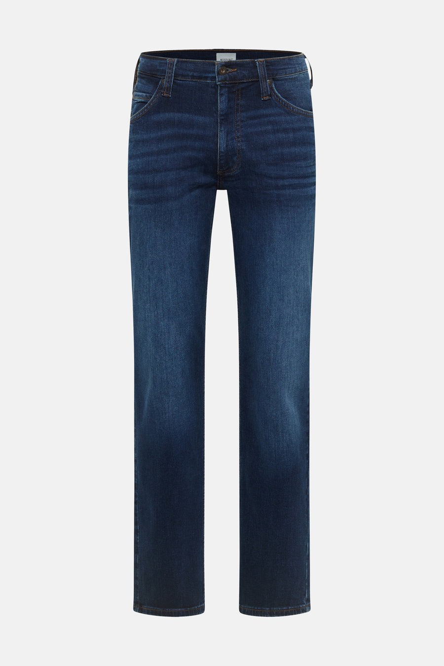 Donkere blauwe rechte jeans van Mustang, met subtiele wasdetails en klassieke vorm, front view