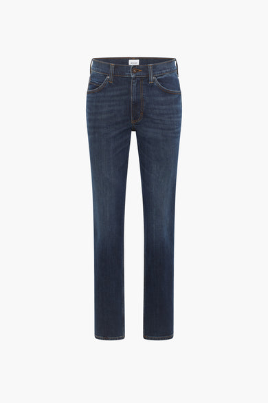 Rechte jeans van blauwzwart denim van MUSTANG, effen kleur en klassieke stiksels.