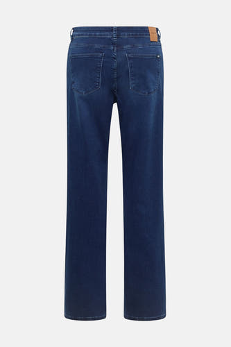 Jeans wide in mid blue denim van MUSTANG, achterkant weergegeven met zakken en een bruin label.
