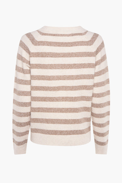 Gilet rond encol beige de VERO MODA, avec des rayures brunes et des manches longues, dos visible.