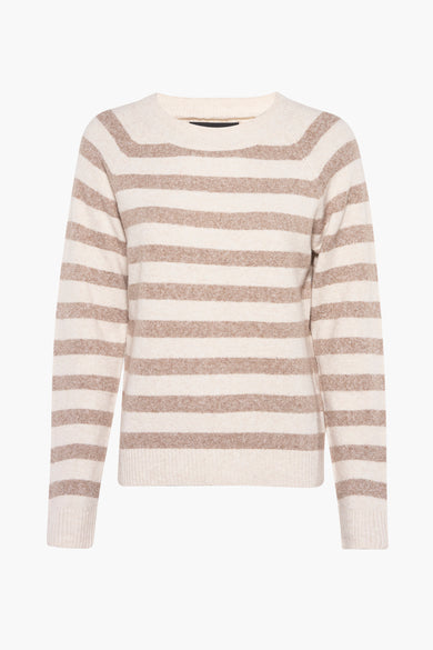 Gilet beige avec col rond de VERO MODA® et rayures brunes horizontales.