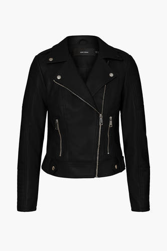 Manteau de cuir noir Vero Moda avec des fermetures éclair argentées et des détails à boutons-pression.