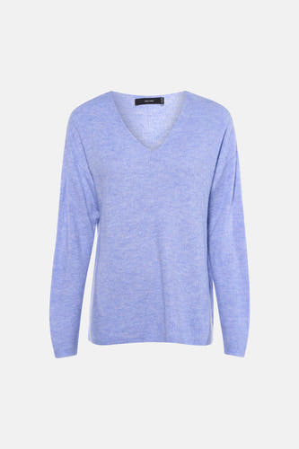 Pull bleu à col en V de Vero Moda, à manches longues et à texture côtelée.