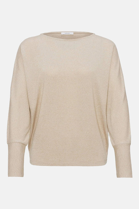 Pull beige à col rond OPUS, avec structure côtelée et manches longues.