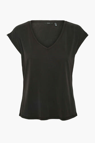 T-shirt noir de VERO MODA, avec un col V et des manches courtes.