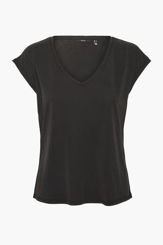 T-shirt noir à manches courtes de VERO MODA, couleur unie et col en V.
