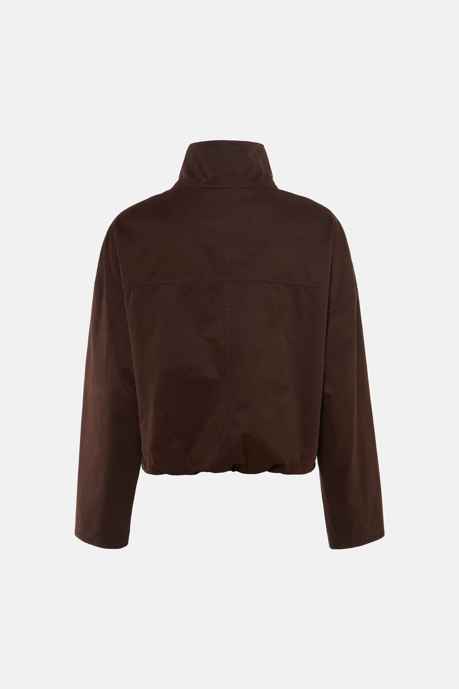 Manteau marron OPUS, dos, avec col montant, coupe courte et taille élastique.