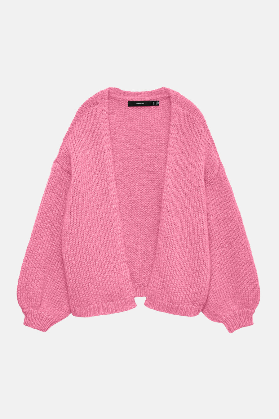 Cardigan rose de Vero Moda, avec de longues manches bouffantes et une texture à gros tricot.