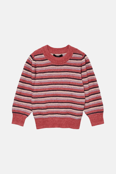 Multicolor gestreepte pull met ronde hals van VERO MODA®, gebreid in roze, crème, zwart en lavendelblauw.