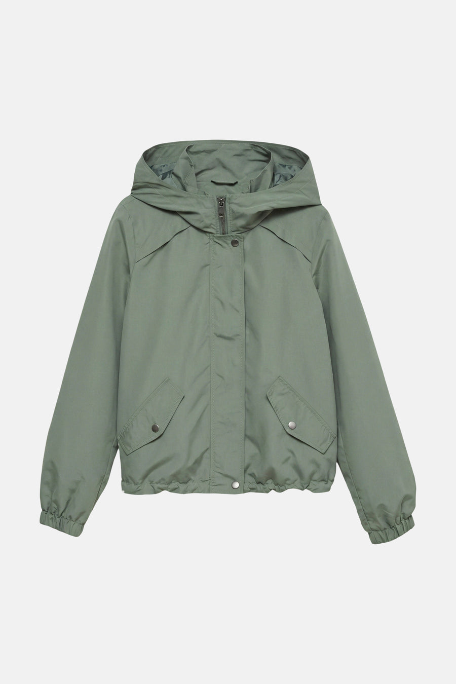 Veste courte verte VERO MODA® avec capuche, fermeture éclair, boutons-pression, poches à rabat et poignets élastiques.
