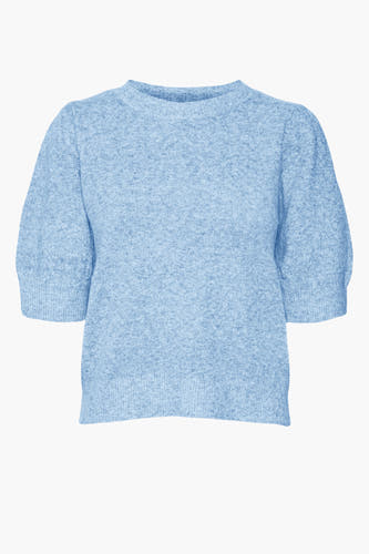 Blauwe trui met ronde hals van VERO MODA, met korte pofmouwen en een gebreide textuur.