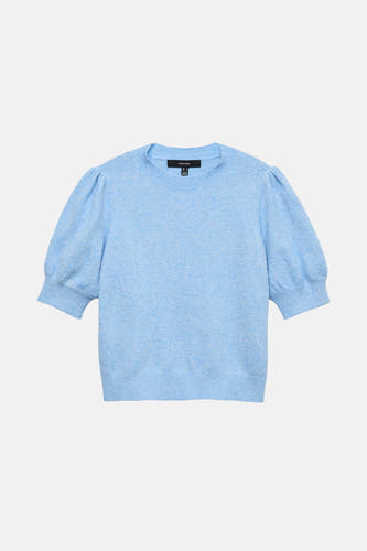 Pull-over bleu avec manches courtes bouffantes de VERO MODA, texture tricotée et encolure ronde.