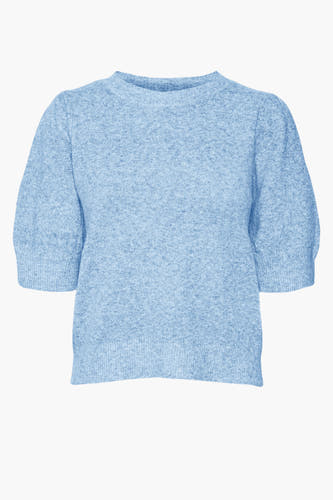 Pull bleu avec col rond de VERO MODA, avec manches courtes bouffantes et une texture tricotée.