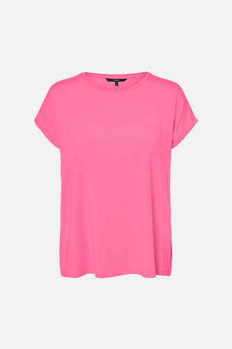 T-shirt rose à manches courtes de Vero Moda, avec manches retroussées et un col rond simple.
