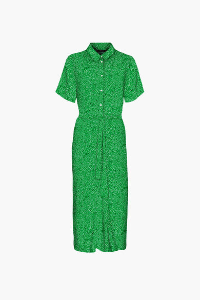 Groene jurk met korte mouwen van VERO MODA, met bladdessin en knoopsluiting.