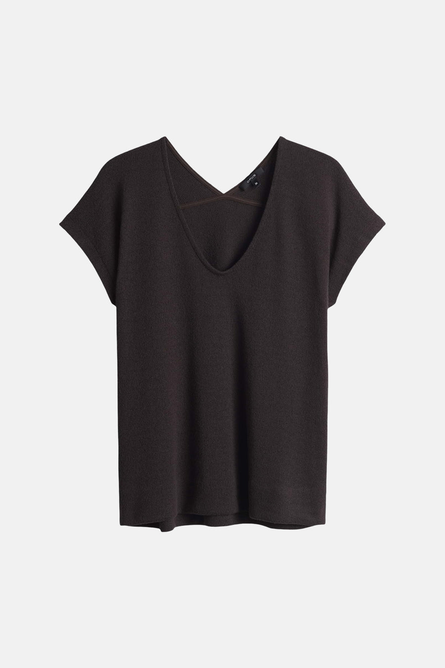 Bruine korte mouwen t-shirt van OPUS met diepe V-hals en fijne textuur, front view