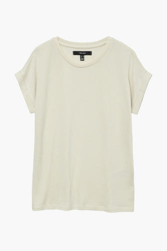 Beige T-shirt met korte mouwen van Vero Moda, met een fijne ribstructuur en omgeslagen mouwen.
